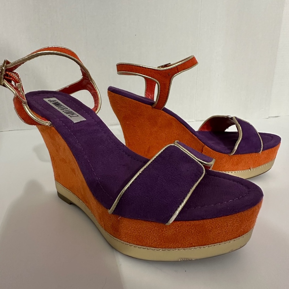 Jennifer Lopez Purple Orange Suede Platform Wedge Sandals Gold Trim Size 6.5 - Picture 7 of 10